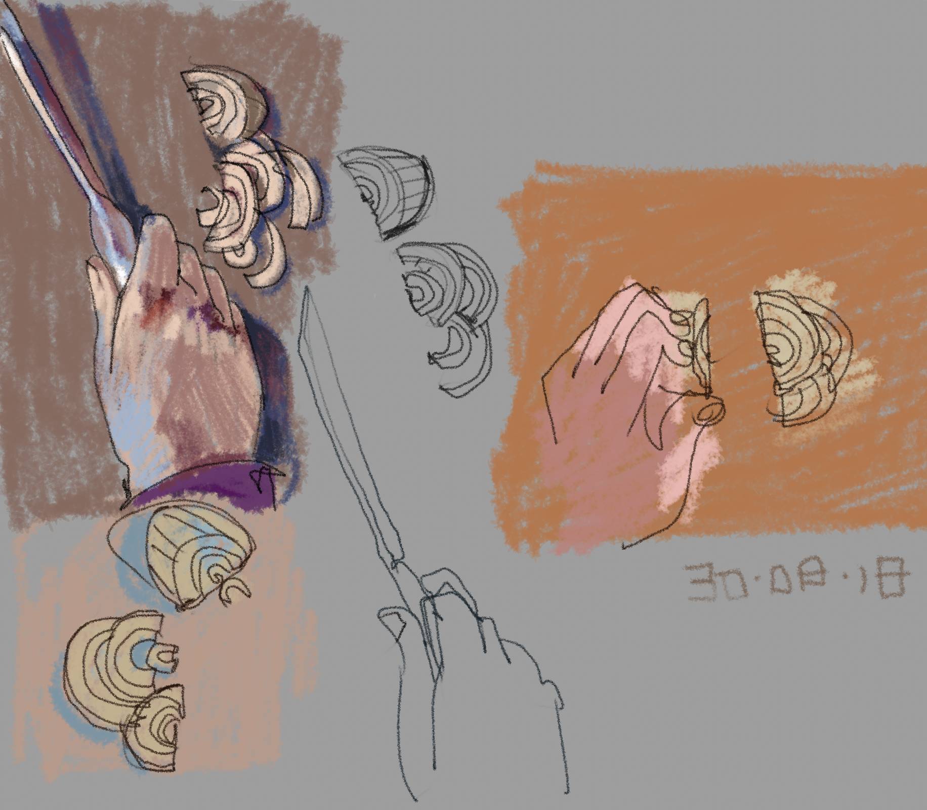 Sketches of a hand holding a knife, cutting onions into slices